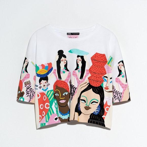 Zara Tops - Zara Women In Art Printed Beaded Crop Top Size Large NWT
